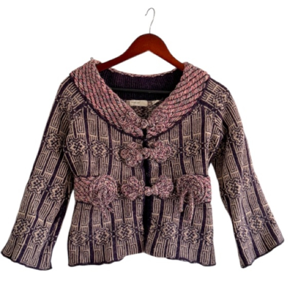 Anthropologie Sleeping on Snow Purple and Pink Patterned Knit Cardigan